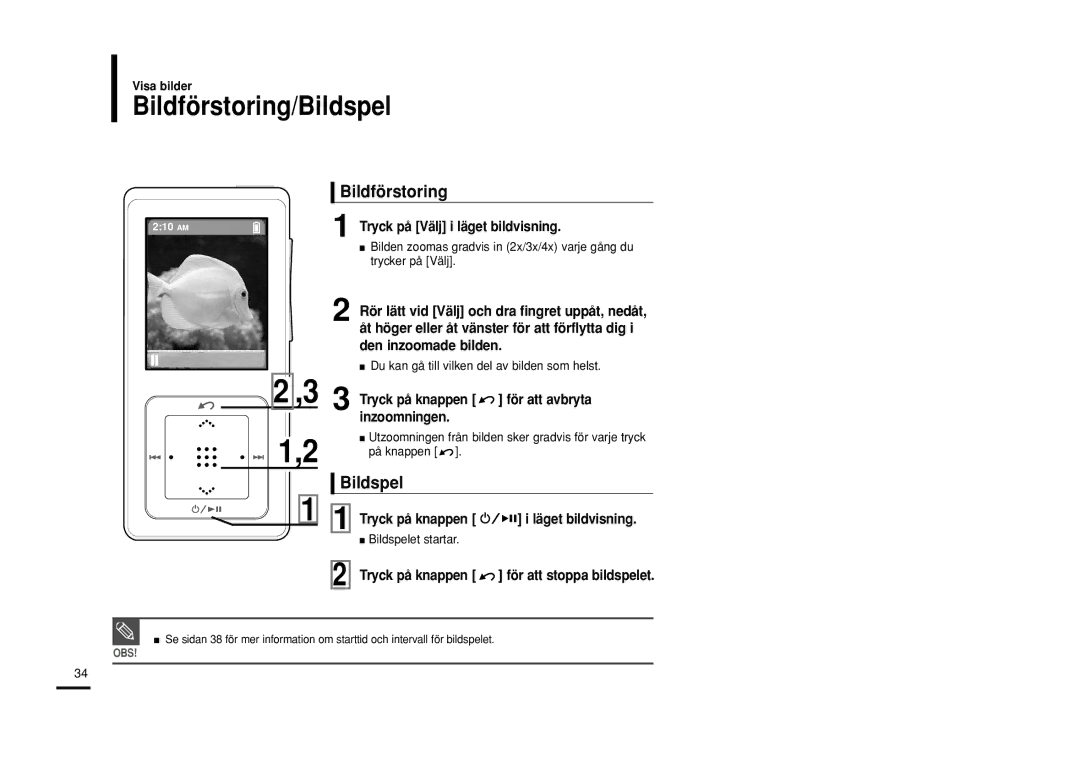 Samsung YP-Z5AB/ELS, YP-Z5QB/ELS, YP-Z5ZS/ELS manual Bildförstoring/Bildspel 