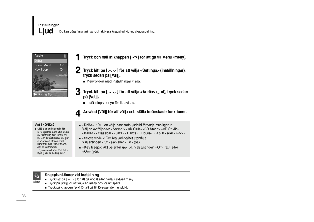 Samsung YP-Z5QB/ELS, YP-Z5AB/ELS manual Ljud, Använd Välj för att välja och ställa in önskade funktioner, Inställningar 