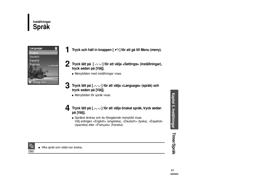 Samsung YP-Z5ZS/ELS, YP-Z5QB/ELS, YP-Z5AB/ELS manual Språk, Menybilden för språk visas 