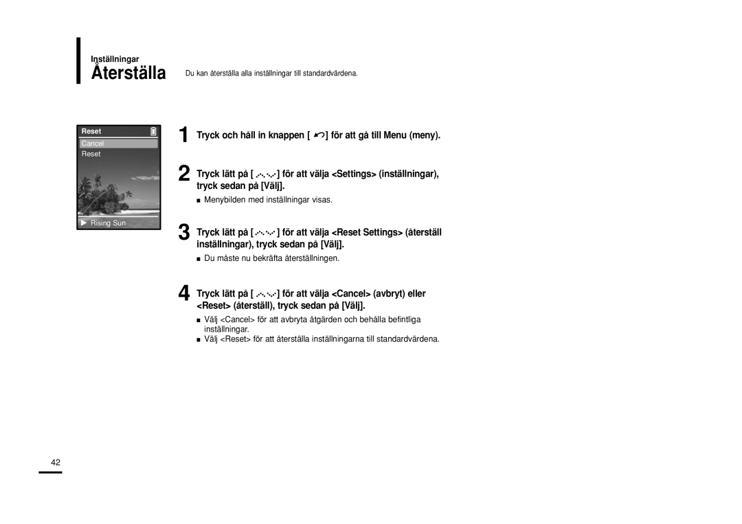 Samsung YP-Z5QB/ELS, YP-Z5AB/ELS, YP-Z5ZS/ELS manual Återställa, Du måste nu bekräfta återställningen 