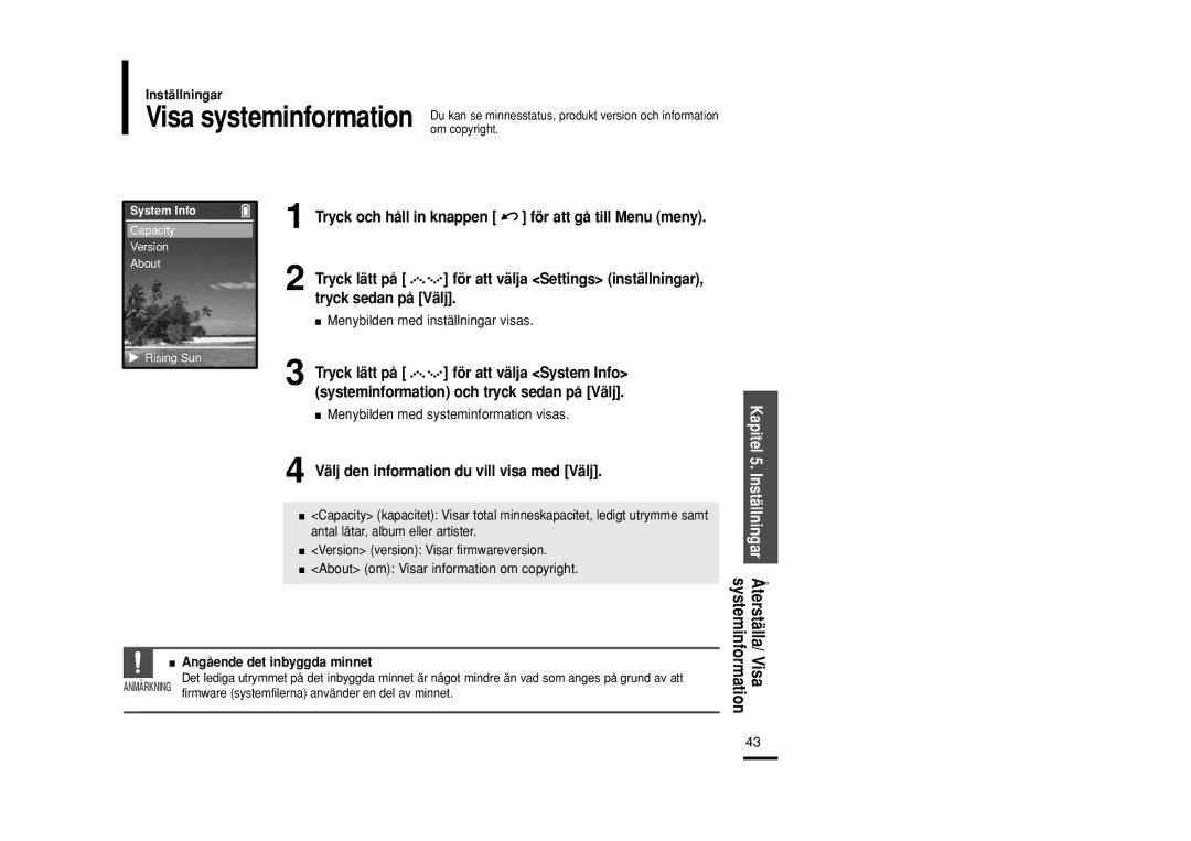 Samsung YP-Z5AB/ELS, YP-Z5QB/ELS Välj den information du vill visa med Välj, Visa, Menybilden med systeminformation visas 