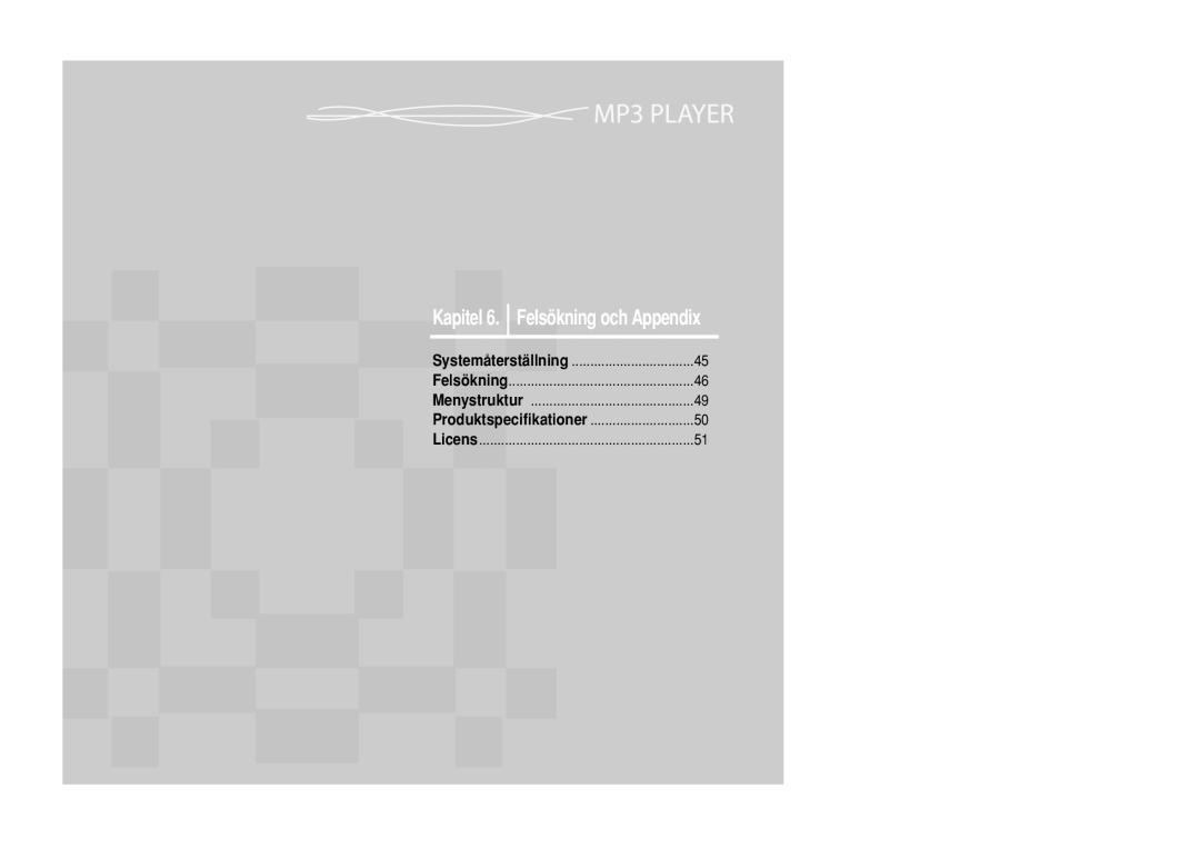 Samsung YP-Z5ZS/ELS, YP-Z5QB/ELS, YP-Z5AB/ELS manual Kapitel 6. Felsökning och Appendix 