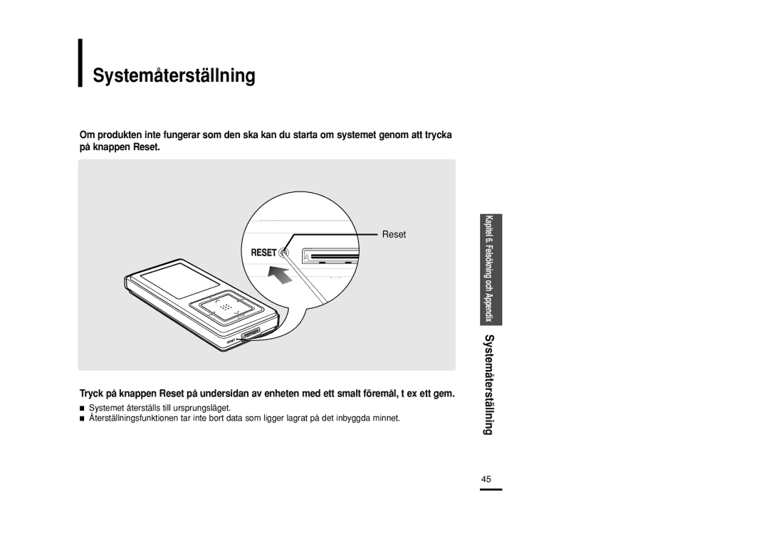 Samsung YP-Z5QB/ELS, YP-Z5AB/ELS, YP-Z5ZS/ELS manual Systemåterställning, Reset 