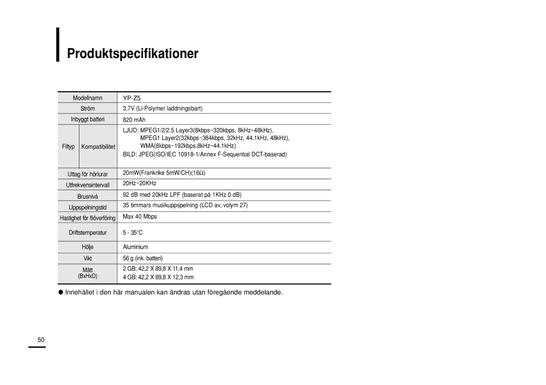 Samsung YP-Z5ZS/ELS, YP-Z5QB/ELS, YP-Z5AB/ELS manual Produktspecifikationer 