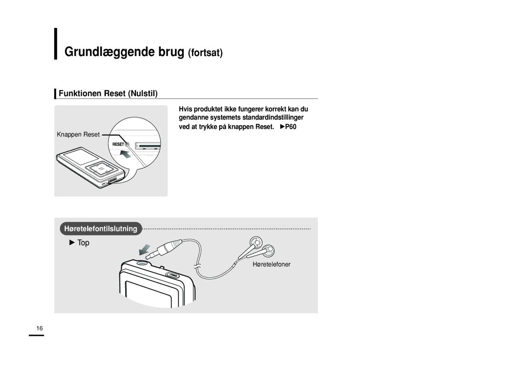 Samsung YP-Z5FQW/XEE, YP-Z5QB/ELS, YP-Z5FAB/XEE, YP-Z5FAP/XEE manual Grundlæggende brug fortsat, Funktionen Reset Nulstil 