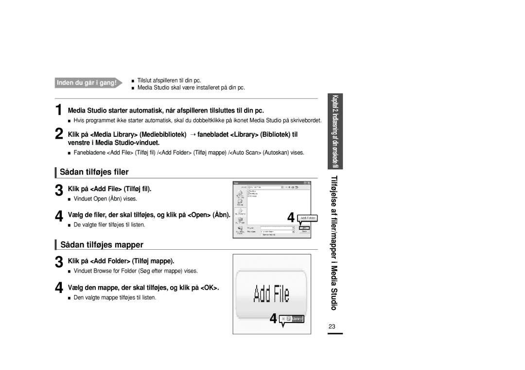 Samsung YP-Z5FQS/XEE, YP-Z5QB/ELS, YP-Z5FAB/XEE, YP-Z5FAP/XEE, YP-Z5FQW/XEE manual Sådan tilføjes filer, Sådan tilføjes mapper 