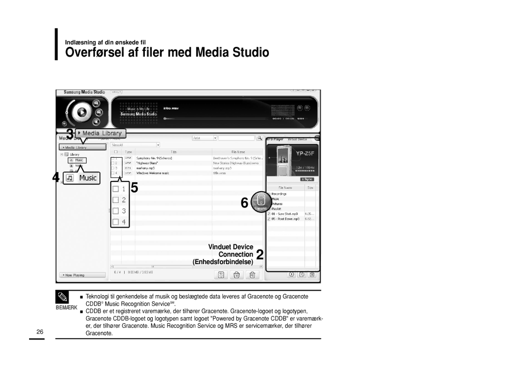 Samsung YP-Z5QB/ELS, YP-Z5FAB/XEE manual Overførsel af filer med Media Studio, Cddb Music Recognition ServiceSM, 26Gracenote 