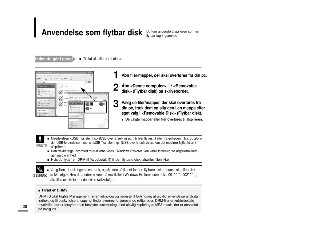 Samsung YP-Z5FAP/XEE Åbn filer/mapper, der skal overføres fra din pc, Inden du går i gang! Tilslut afspilleren til din pc 