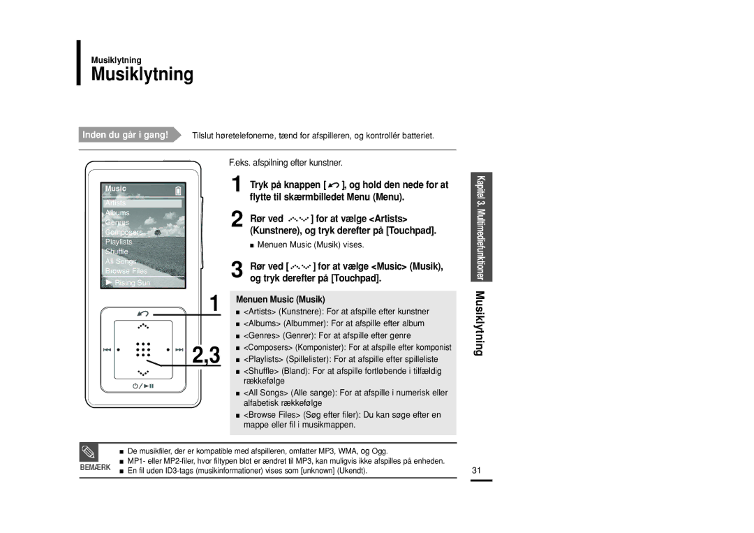 Samsung YP-Z5FQB/XEE, YP-Z5QB/ELS, YP-Z5FAB/XEE manual Musiklytning, Eks. afspilning efter kunstner, Menuen Music Musik vises 