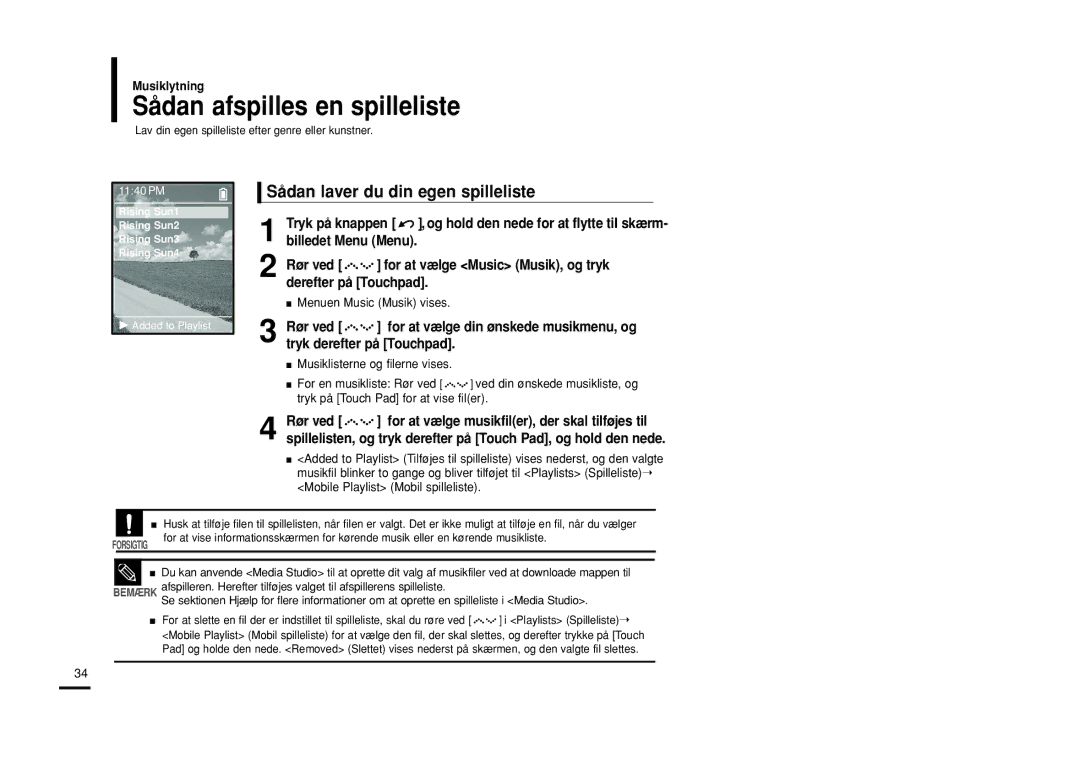 Samsung YP-Z5FZW/XEE, YP-Z5QB/ELS Sådan afspilles en spilleliste, Sådan laver du din egen spilleliste, Billedet Menu Menu 