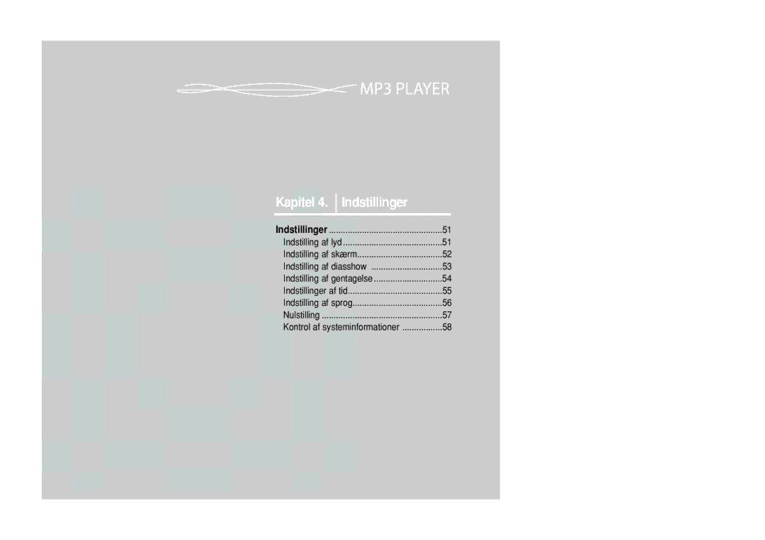 Samsung YP-Z5FZS/XEE, YP-Z5QB/ELS, YP-Z5FAB/XEE, YP-Z5FAP/XEE, YP-Z5FQW/XEE, YP-Z5FZP/XEE manual Kapitel 4. Indstillinger 