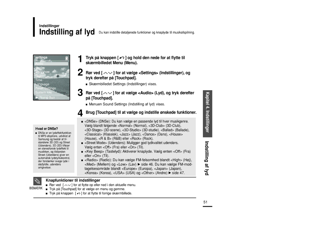 Samsung YP-Z5FAS/XEE Indstillinger, Tryk på knappen og hold den nede for at flytte til, Knapfunktioner til indstillinger 