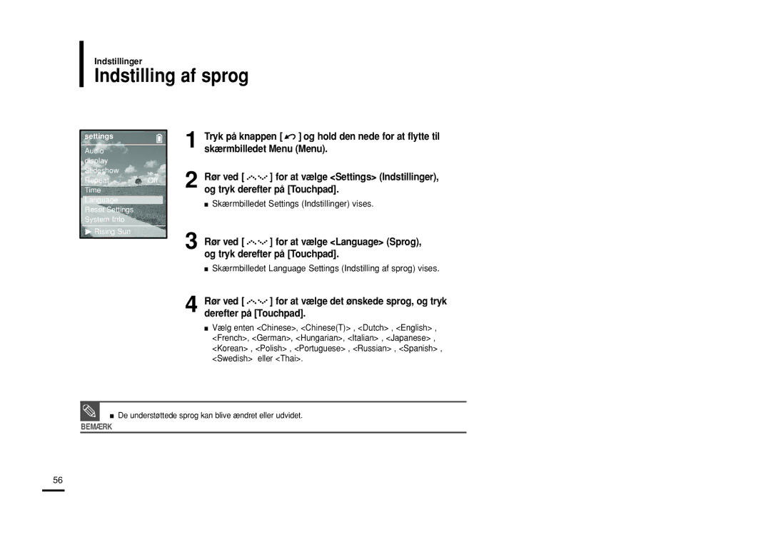 Samsung YP-Z5FZP/XEE, YP-Z5QB/ELS, YP-Z5FAB/XEE, YP-Z5FAP/XEE Skærmbilledet Language Settings Indstilling af sprog vises 