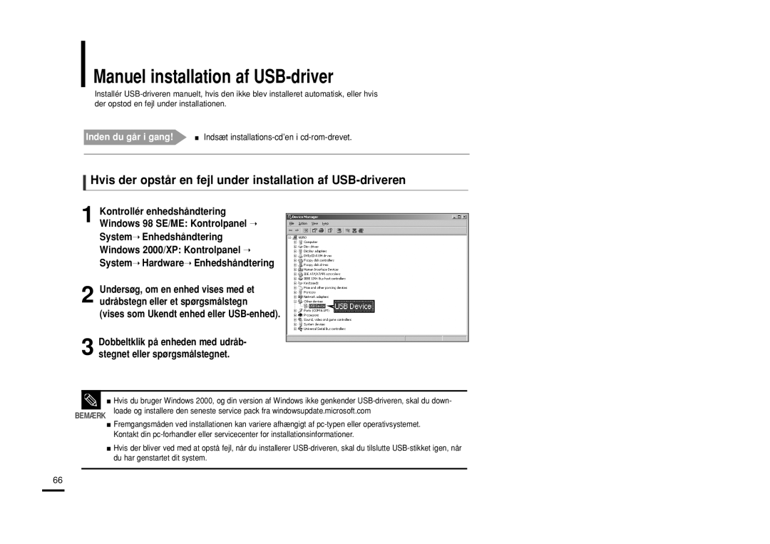 Samsung YP-Z5FAB/XEE manual Manuel installation af USB-driver, Hvis der opstår en fejl under installation af USB-driveren 