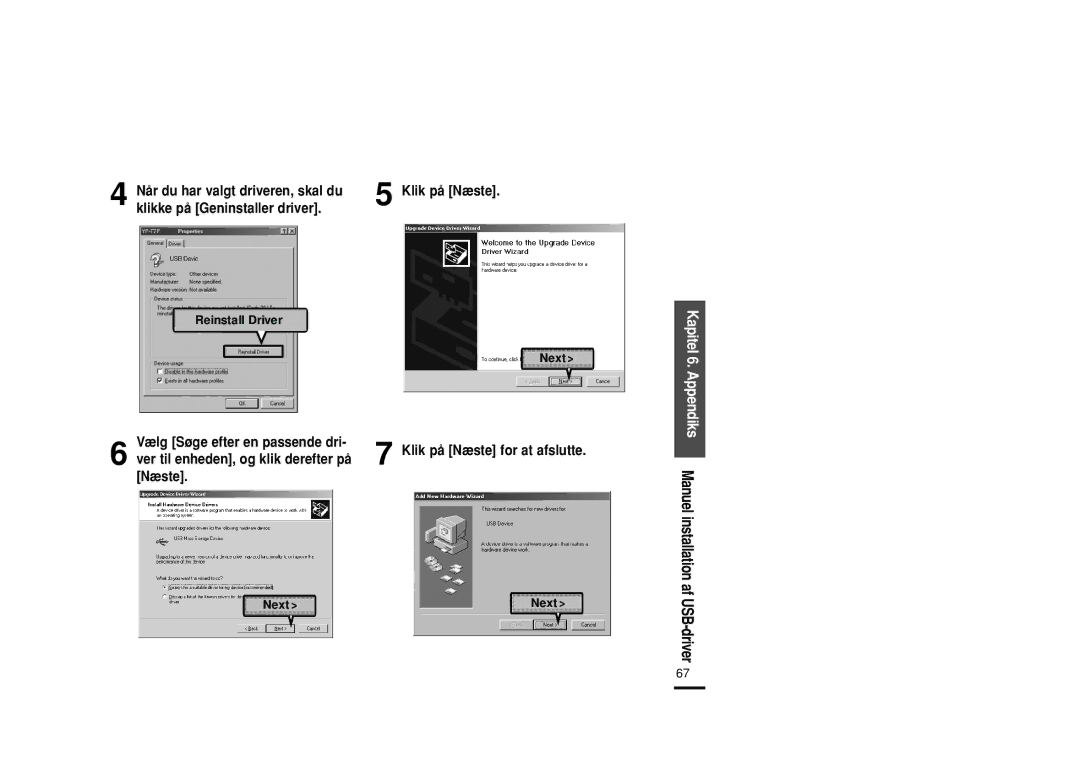 Samsung YP-Z5FAP/XEE, YP-Z5QB/ELS, YP-Z5FAB/XEE manual Klikke på Geninstaller driver, Vælg Søge efter en passende dri, Næste 