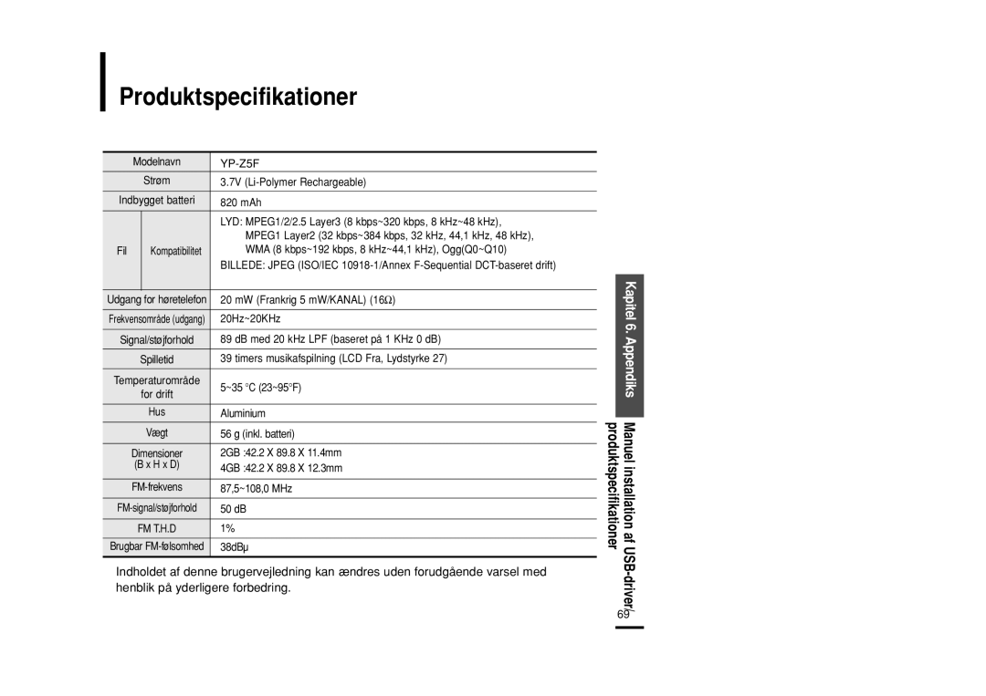 Samsung YP-Z5FZP/XEE, YP-Z5QB/ELS, YP-Z5FAB/XEE, YP-Z5FAP/XEE, YP-Z5FQW/XEE, YP-Z5FQB/XEE, YP-Z5FAW/XEE Produktspecifikationer 