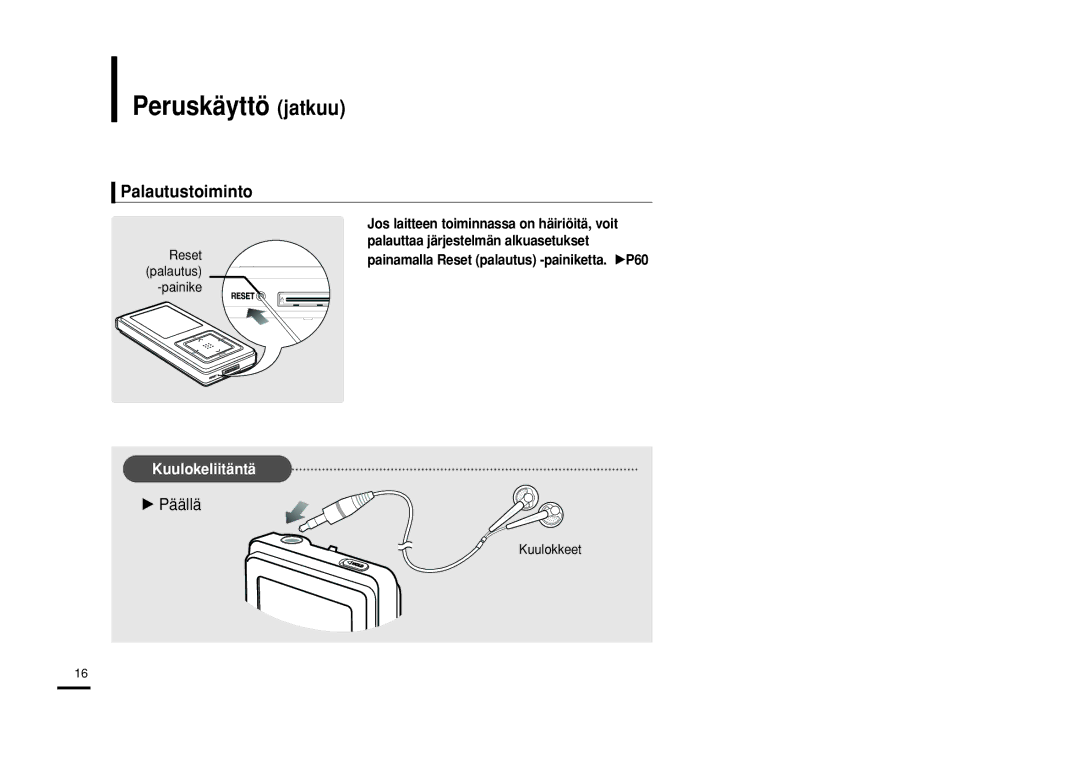 Samsung YP-Z5FQW/XEE, YP-Z5QB/ELS, YP-Z5FAB/XEE, YP-Z5FAP/XEE Peruskäyttö jatkuu, Palautustoiminto, Reset palautus Painike 