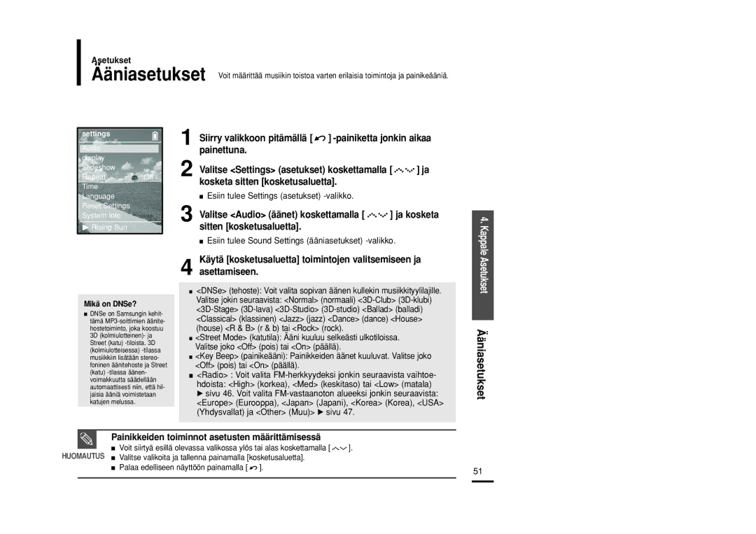 Samsung YP-Z5FAS/XEE manual Painettuna, Kosketa sitten kosketusaluetta, Sitten kosketusaluetta, Asetukset Ääniasetukset 