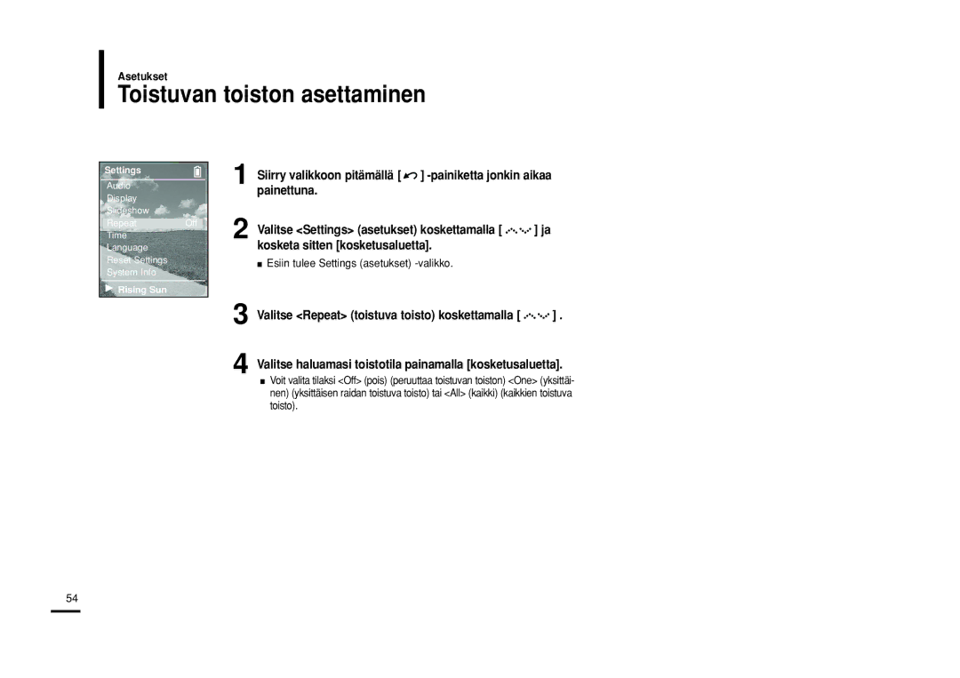 Samsung YP-Z5FAP/XEE, YP-Z5QB/ELS Toistuvan toiston asettaminen, Valitse haluamasi toistotila painamalla kosketusaluetta 