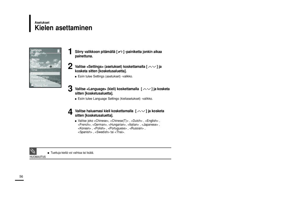 Samsung YP-Z5FZP/XEE, YP-Z5QB/ELS, YP-Z5FAB/XEE Kielen asettaminen, Esiin tulee Language Settings kieliasetukset -valikko 