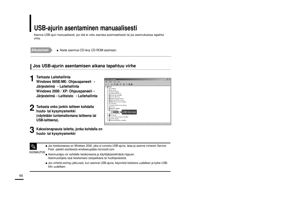 Samsung YP-Z5FAB/XEE, YP-Z5QB/ELS USB-ajurin asentaminen manuaalisesti, Jos USB-ajurin asentamisen aikana tapahtuu virhe 