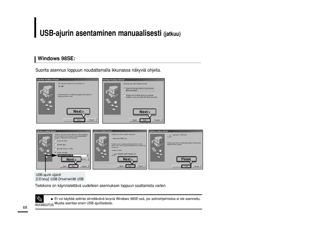 Samsung YP-Z5FQW/XEE, YP-Z5QB/ELS, YP-Z5FAB/XEE, YP-Z5FAP/XEE manual USB-ajurin asentaminen manuaalisesti jatkuu, Windows 98SE 