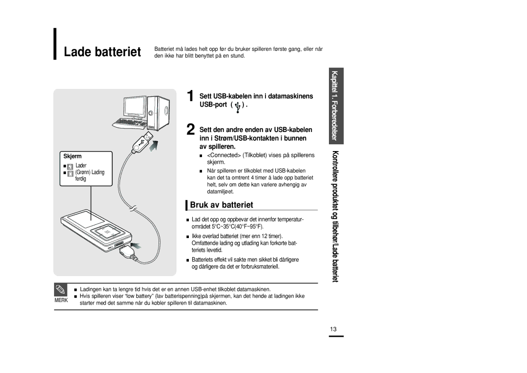 Samsung YP-Z5QB/ELS Bruk av batteriet, Sett USB-kabelen inn i datamaskinens USB-port, Skjerm, Tilbehør/Lade batteriet 