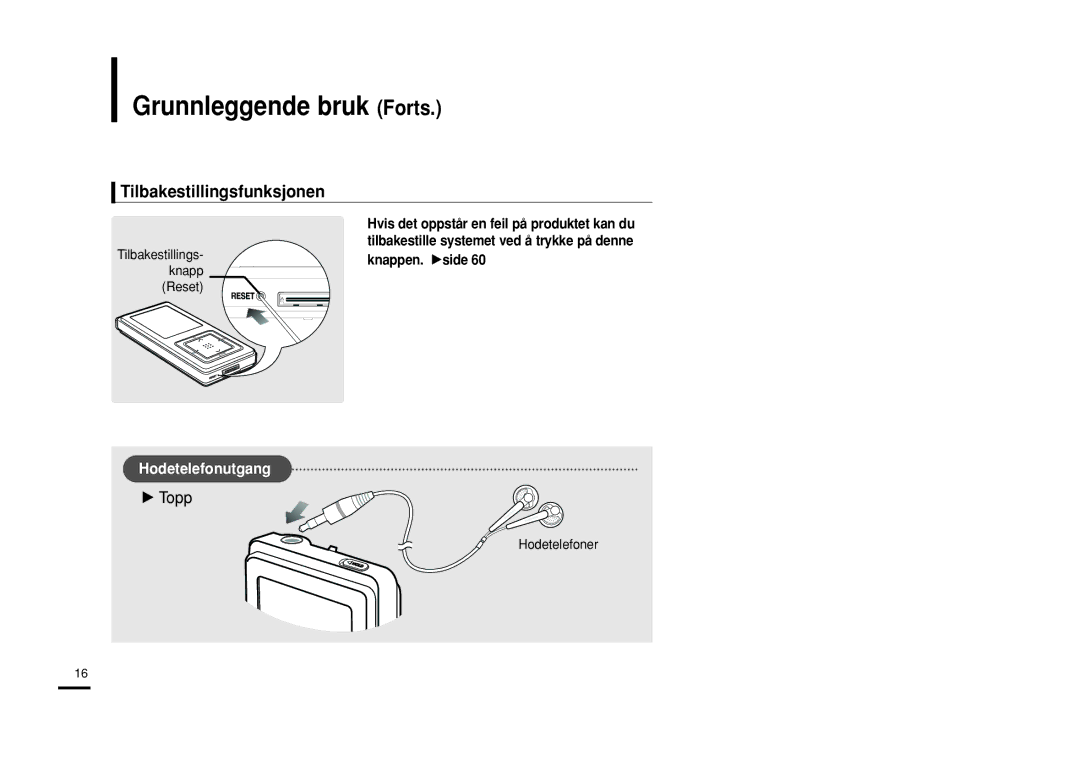 Samsung YP-Z5FQW/XEE, YP-Z5QB/ELS manual Grunnleggende bruk Forts, Tilbakestillingsfunksjonen, Tilbakestillings- knapp Reset 