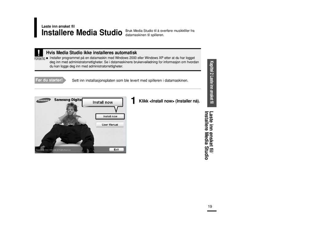 Samsung YP-Z5FAW/XEE, YP-Z5QB/ELS manual Klikk Install now Installer nå, Media Studio Ønsket fil, Installere Laste inn 