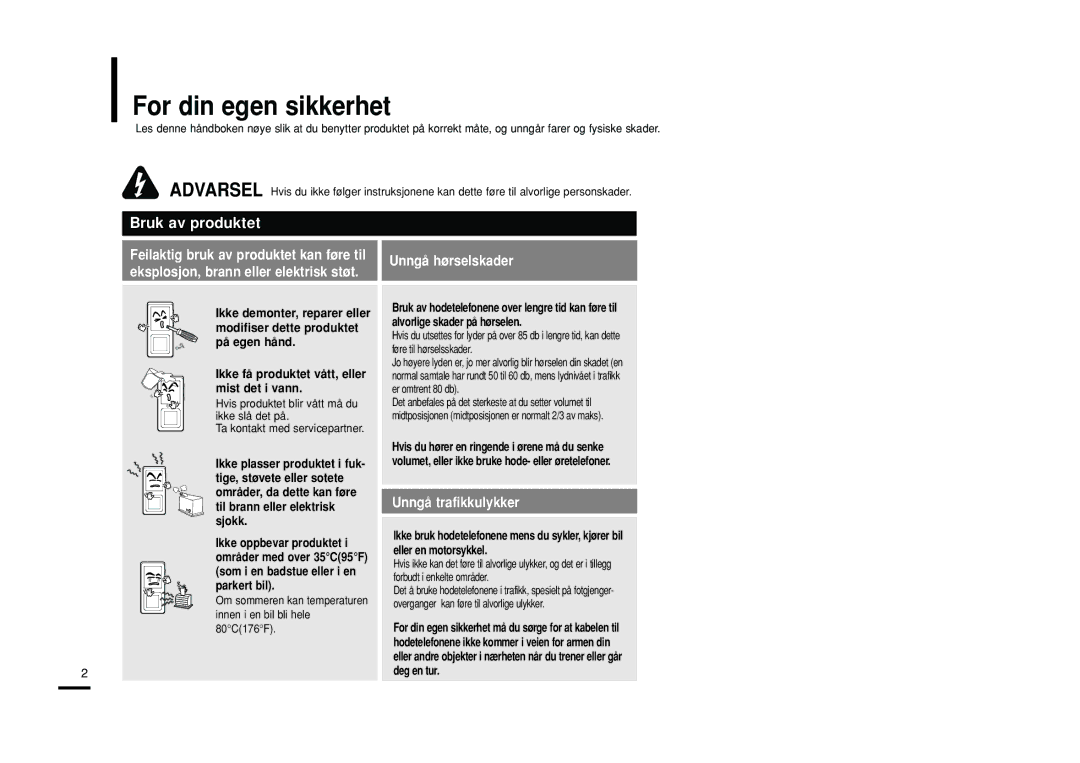 Samsung YP-Z5FAP/XEE, YP-Z5QB/ELS, YP-Z5FAB/XEE manual For din egen sikkerhet, Unngå hørselskader, Unngå trafikkulykker 