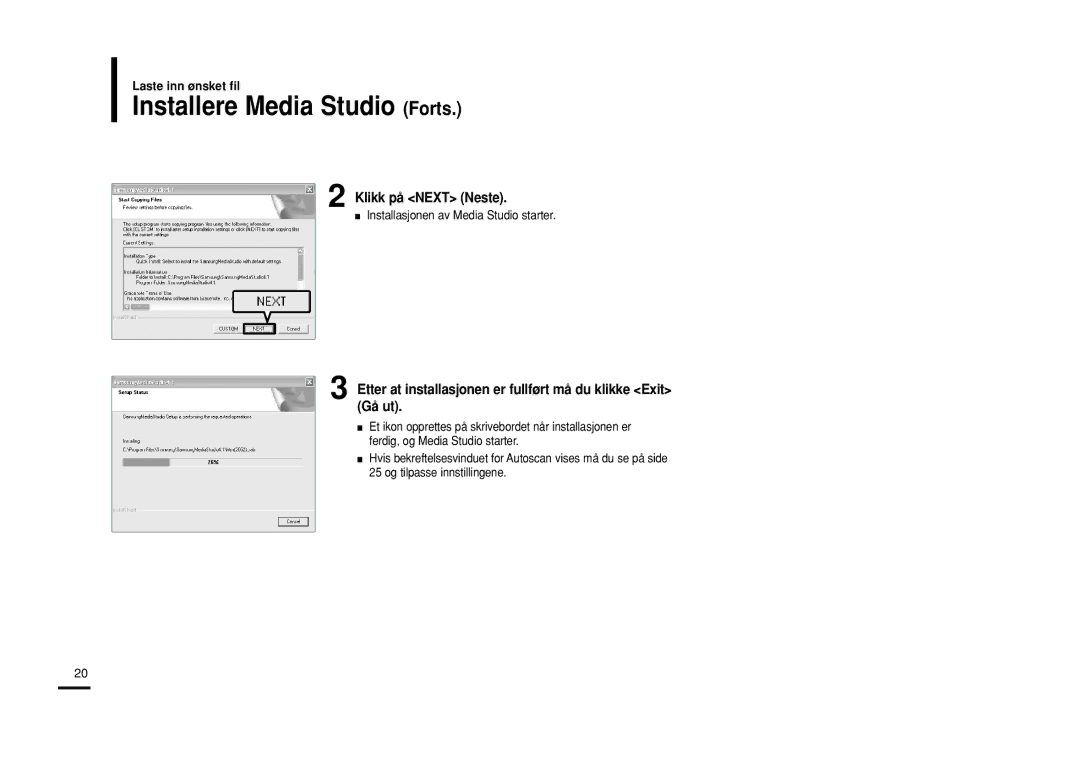 Samsung YP-Z5FZB/XEE manual Installere Media Studio Forts, Klikk på Next Neste, Installasjonen av Media Studio starter 