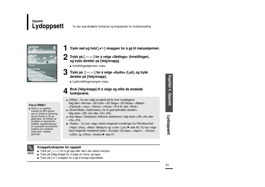 Samsung YP-Z5FAS/XEE, YP-Z5QB/ELS, YP-Z5FAB/XEE manual Kapittel 4. Oppsett Lydoppsett, Knappefunksjoner for oppsett 