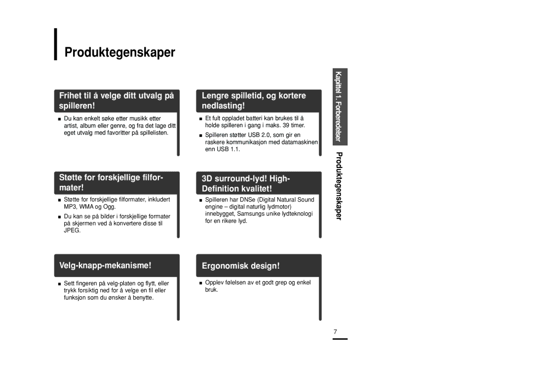 Samsung YP-Z5FZB/XEE manual Kapittel 1. Forberedelser Produktegenskaper, Opplev følelsen av et godt grep og enkel bruk 