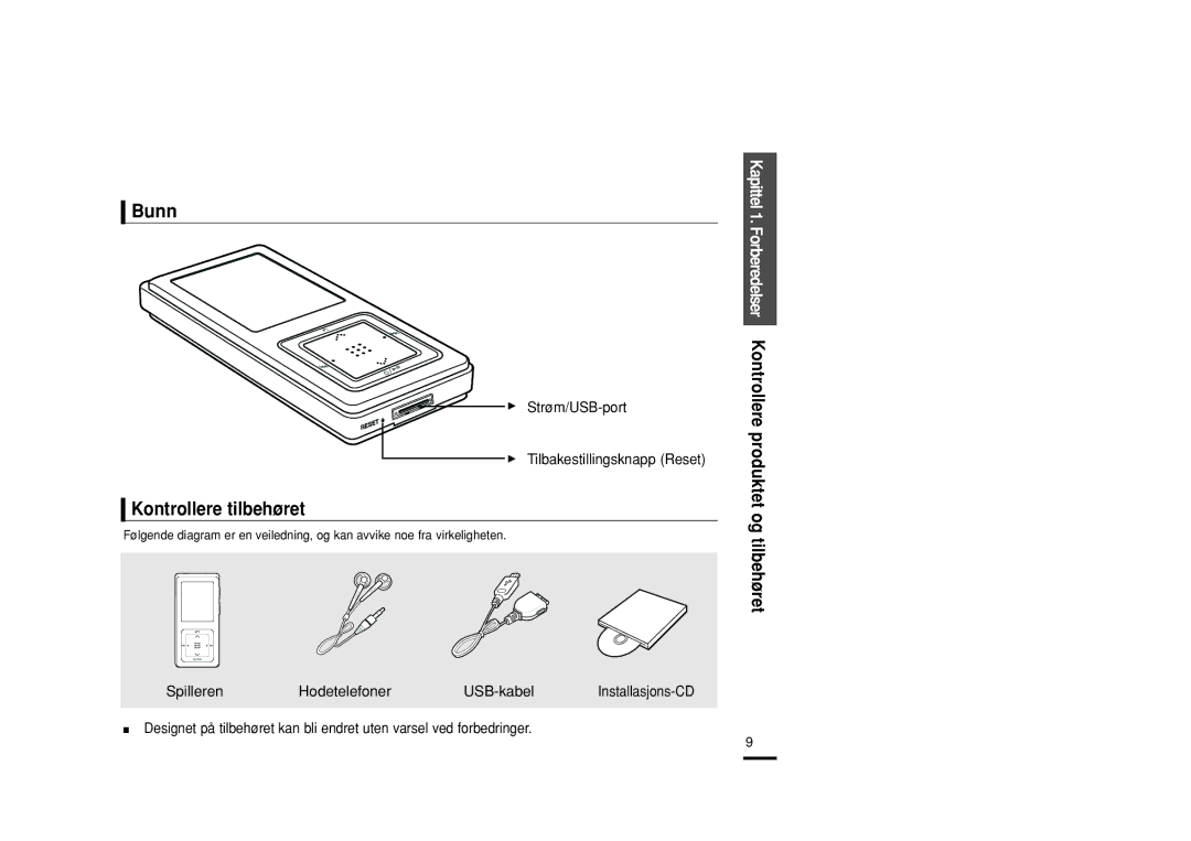 Samsung YP-Z5FQP/XEE, YP-Z5QB/ELS, YP-Z5FAB/XEE Bunn, Kontrollere tilbehøret, Strøm/USB-port Tilbakestillingsknapp Reset 