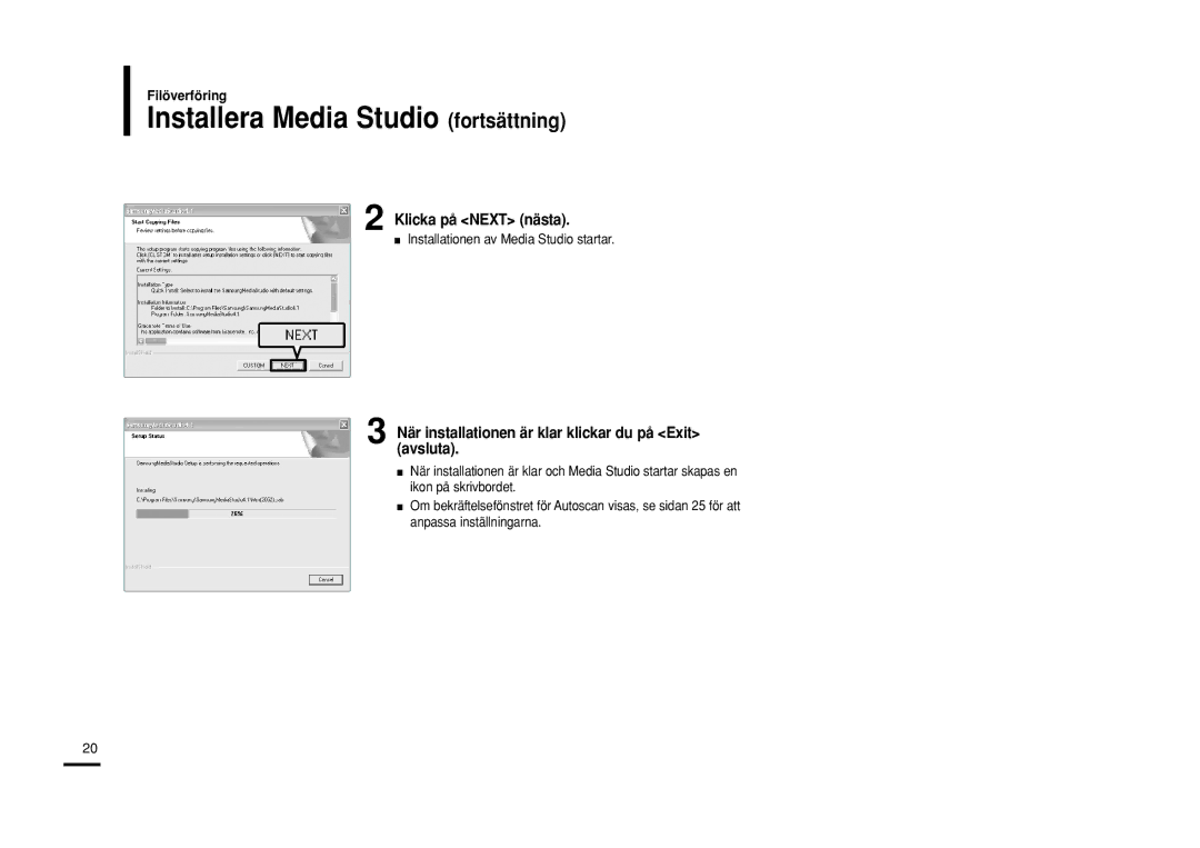 Samsung YP-Z5FZB/XEE Installera Media Studio fortsättning, Klicka på Next nästa, Installationen av Media Studio startar 