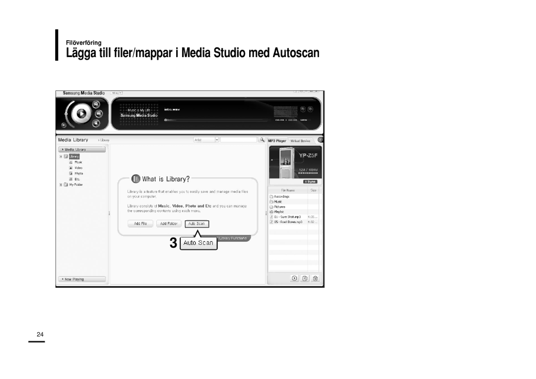 Samsung YP-Z5FZS/XEE, YP-Z5QB/ELS, YP-Z5FAB/XEE, YP-Z5FAP/XEE manual Lägga till filer/mappar i Media Studio med Autoscan 