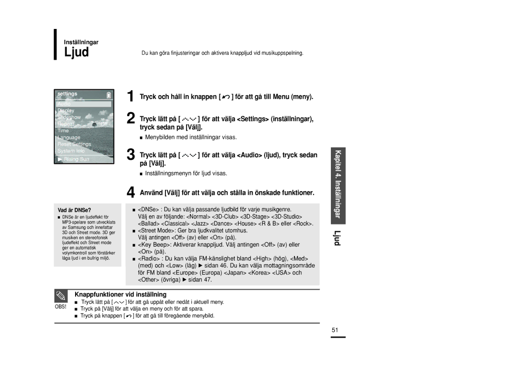 Samsung YP-Z5FAS/XEE, YP-Z5QB/ELS manual Ljud, Inställningar, Använd Välj för att välja och ställa in önskade funktioner 