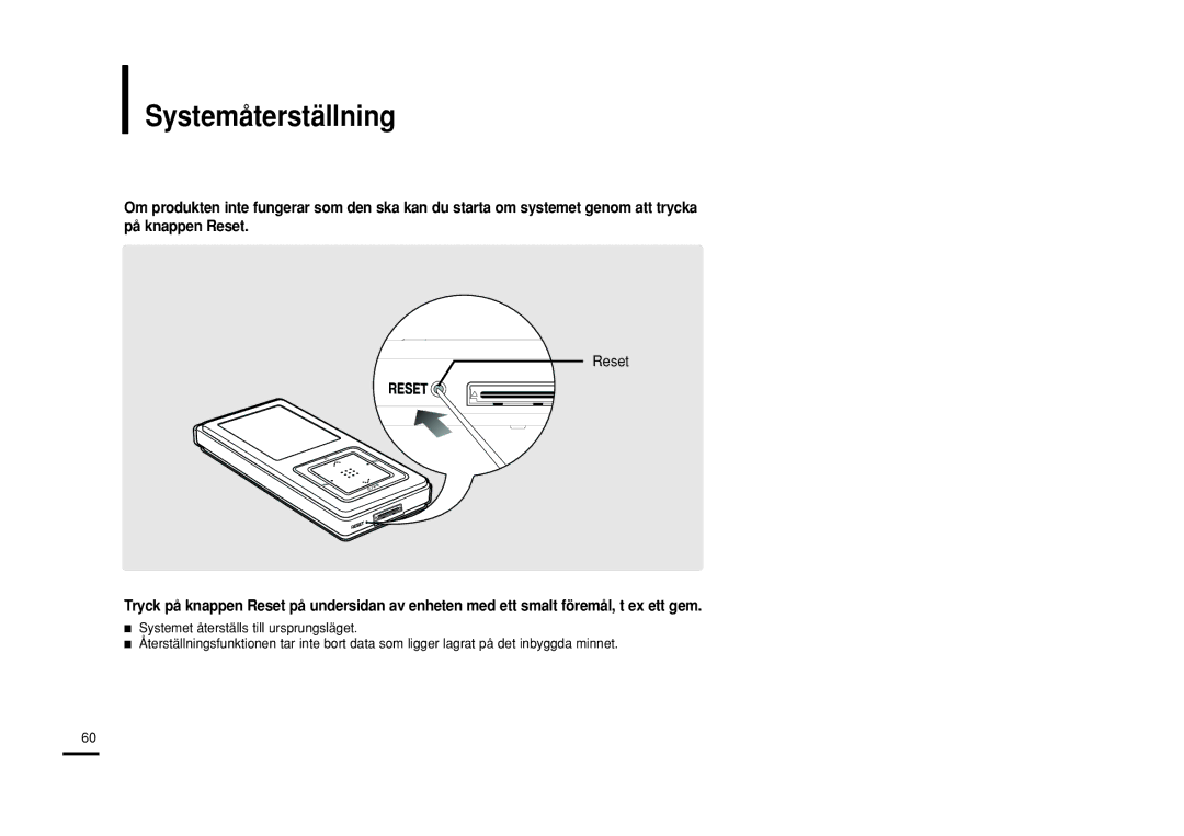 Samsung YP-Z5FZW/XEE, YP-Z5QB/ELS, YP-Z5FAB/XEE, YP-Z5FAP/XEE, YP-Z5FQW/XEE, YP-Z5FZP/XEE manual Systemåterställning, Reset 