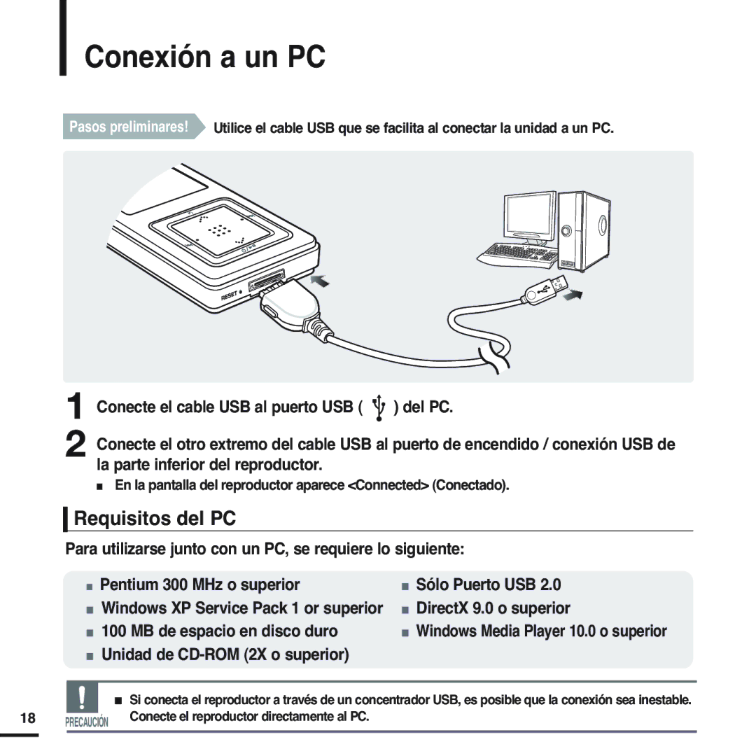 Samsung YP-T55XL/XET manual Conexión a un PC, Requisitos del PC, Para utilizarse junto con un PC, se requiere lo siguiente 