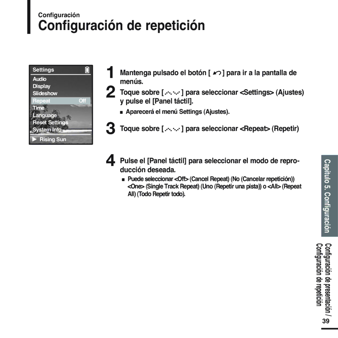 Samsung YP-T55XL/XET, YP-Z5QS/ELS, YP-Z5QB/ELS, YP-Z5QW/ELS, YP-Z5QP/ELS, YP-Z5ZB/ELS, YP-Z5ZS/ELS Configuración de repetición 