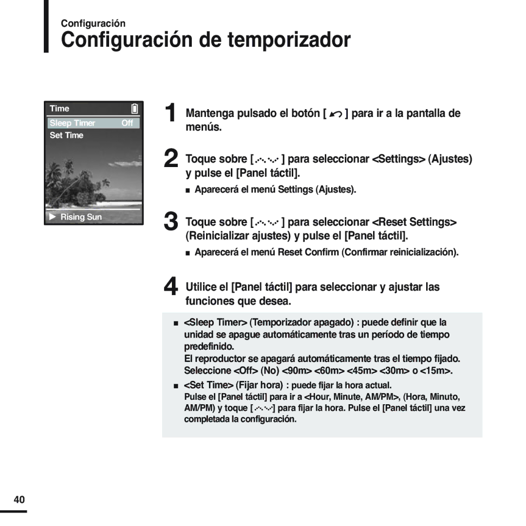 Samsung YP-Z5ZB/ELS, YP-Z5QS/ELS Configuración de temporizador, Aparecerá el menú Reset Confirm Confirmar reinicialización 