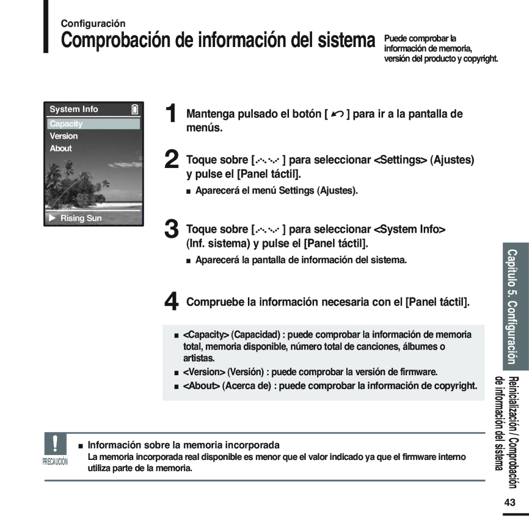 Samsung YP-Z5QB/ELS manual Aparecerá la pantalla de información del sistema, Información sobre la memoria incorporada 