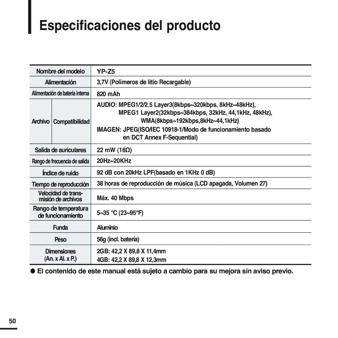 Samsung YP-Z5QB/ELS, YP-Z5QS/ELS, YP-Z5QW/ELS, YP-Z5QP/ELS, YP-T55XL/XET, YP-Z5ZB/ELS manual Especificaciones del producto 