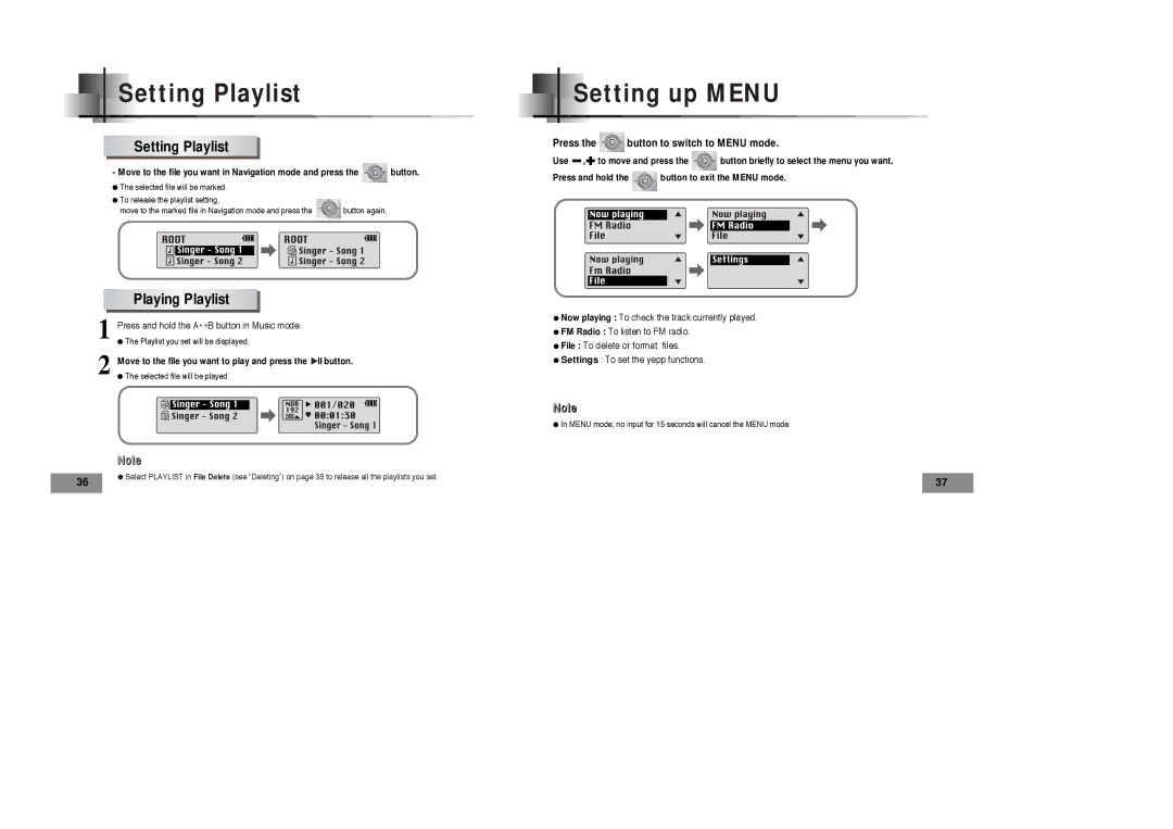 Samsung YP35H manual Setting Playlist, Setting up Menu, Playing Playlist 