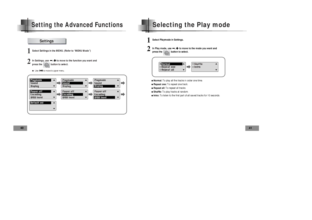 Samsung YP35H manual Selecting the Play mode, Settings 