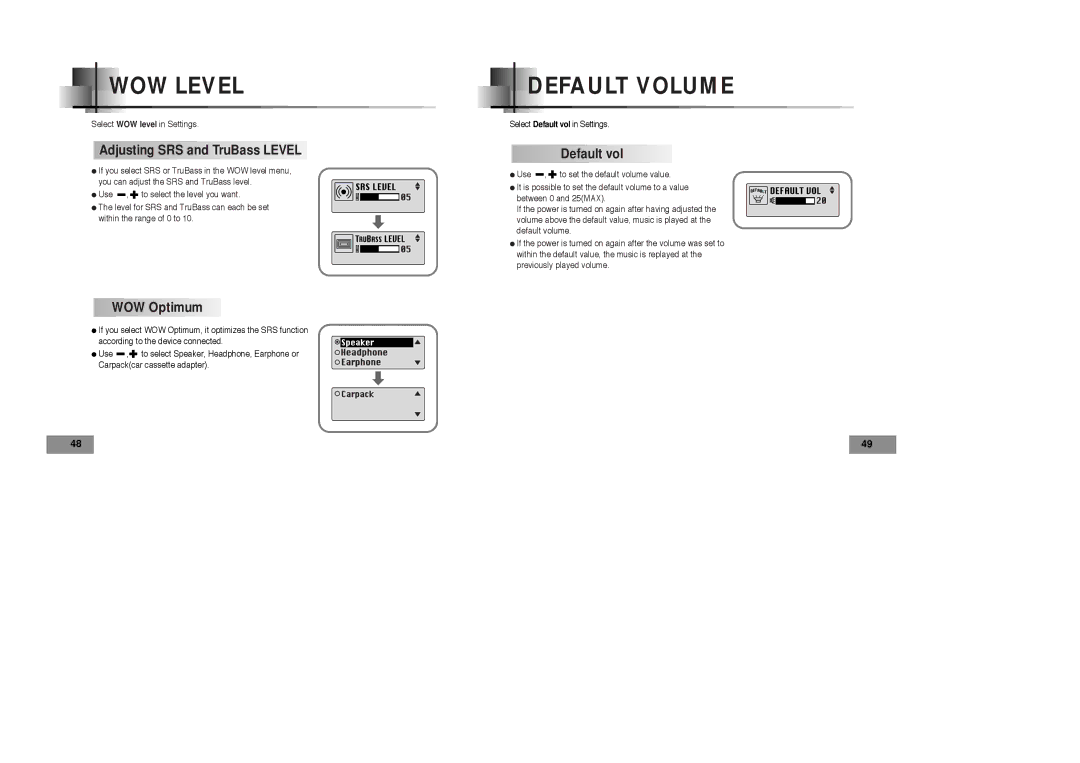 Samsung YP35H manual Adjusting SRS and TruBass Level, WOW Optimum, Default vol 