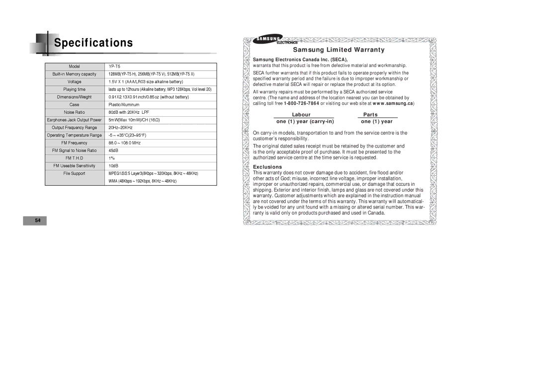 Samsung YP35H manual Specifications 