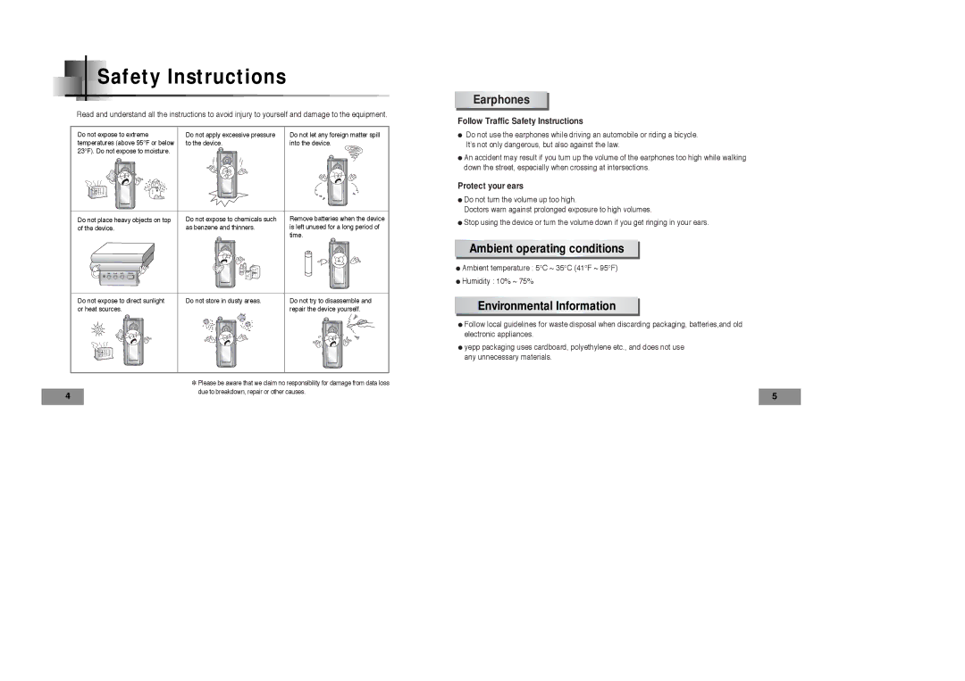 Samsung YP35H manual Earphones, Ambient operating conditions, Environmental Information 