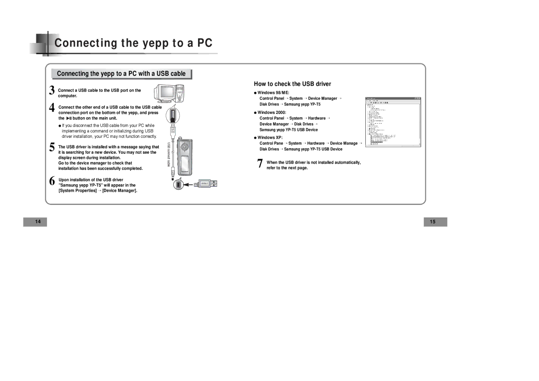 Samsung YP35H manual Connecting the yepp to a PC with a USB cable 