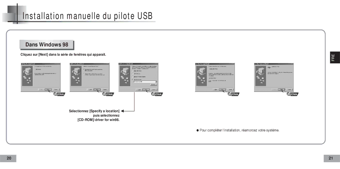 Samsung YP60V1/ELS manual Installation manuelle du pilote USB, Dans Windows 